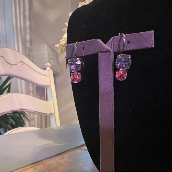 Silver Tone Purple & Pink Crystal Bling Earrings - Picture 7 of 7